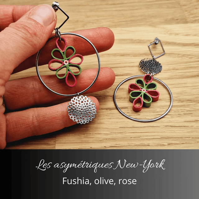Boucles d'oreilles asymétriques New York - Fushia olive et rose
