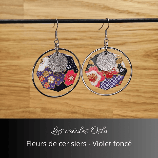 Boucles d'oreilles créoles Oslo - Violet foncé, fleurs de cerisiers