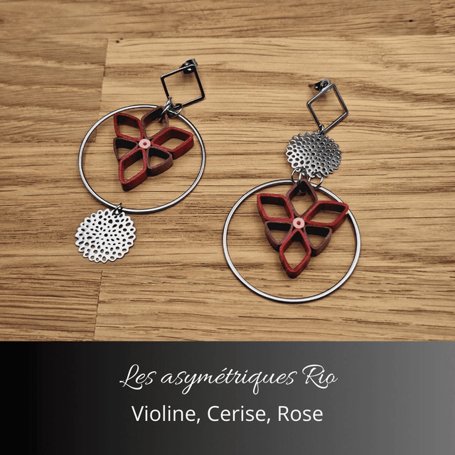 Boucles d'oreilles asymétriques Rio - Violine cerise et rose