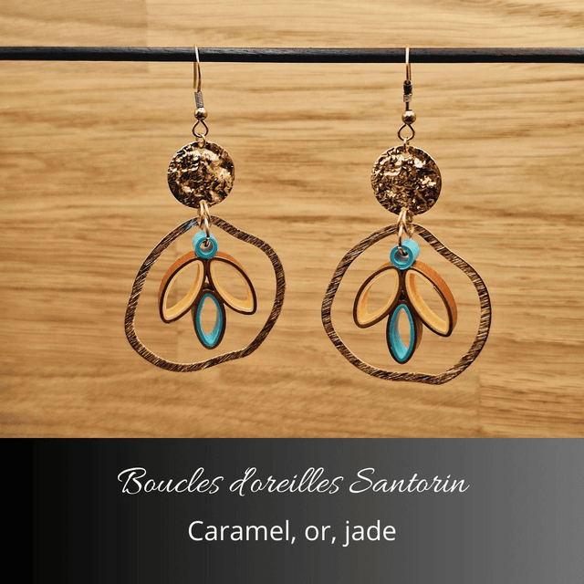 Boucles d'oreilles Santorin - Caramel, or, jade