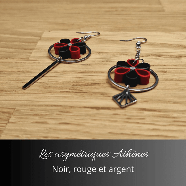 Boucles d'oreilles asymétriques Athènes - Noir rouge et argent