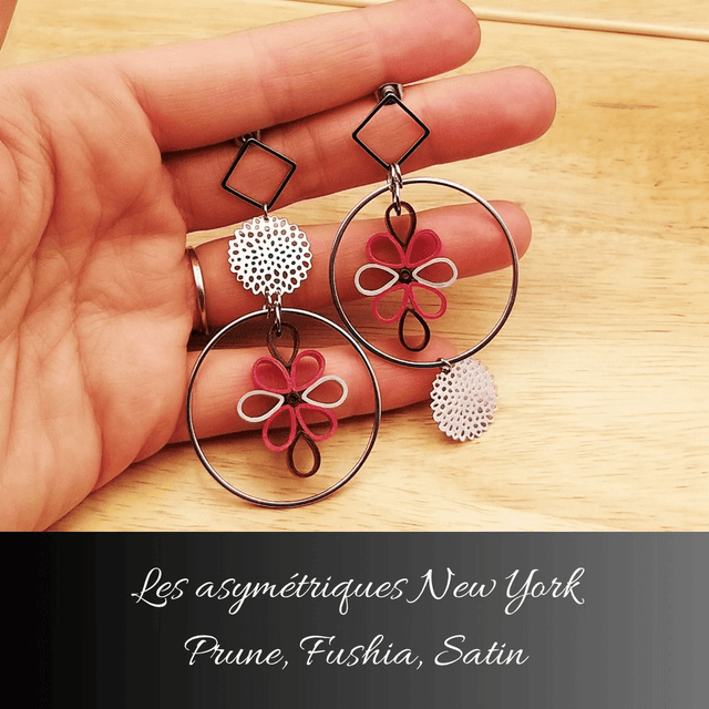 Boucles d'oreilles asymétriques New York - Prune fushia et satin