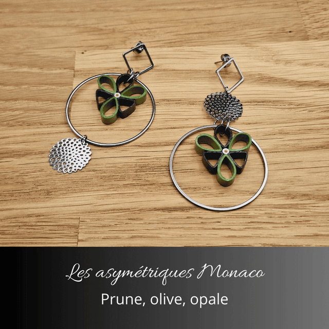 Boucles d'oreilles asymétriques Monaco - Prune olive et opale