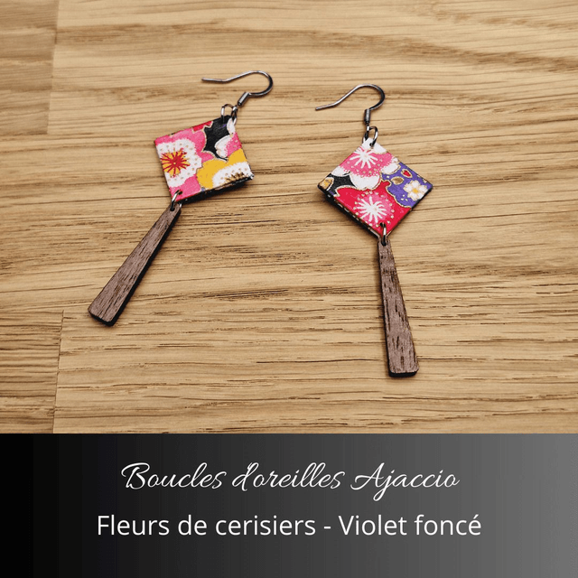 Boucles d'oreilles Ajaccio - Violet foncé et fleurs de cerisiers