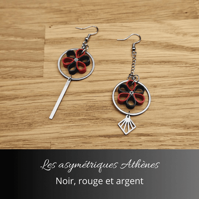 Boucles d'oreilles asymétriques Athènes - Noir rouge et argent