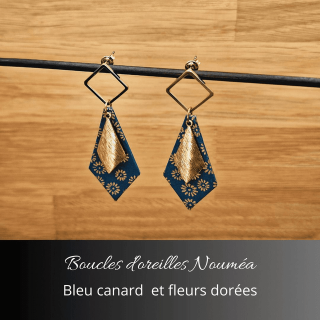 Boucles d'oreilles Nouméa - Bleu canard, fleurs dorées