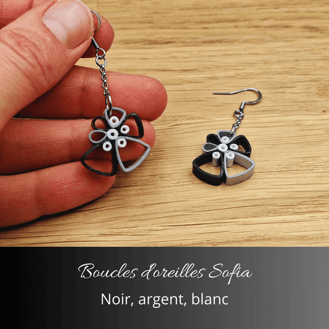 Boucles d'oreilles Sofia - Noir, argent, blanc