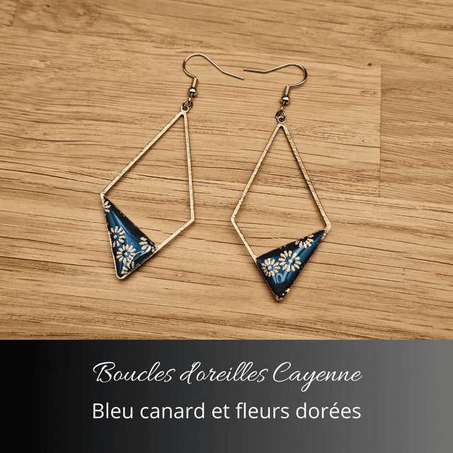 Boucles d'oreilles Cayenne - Bleu canard, fleurs dorées