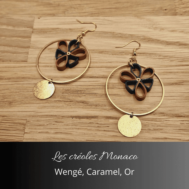 Boucles d'oreilles créoles Monaco - Wengé, caramel, or