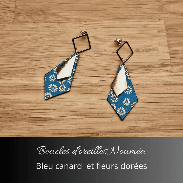 Boucles d'oreilles Nouméa - Bleu canard, fleurs dorées