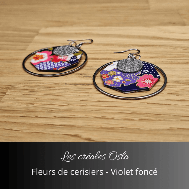 Boucles d'oreilles créoles Oslo - Violet foncé, fleurs de cerisiers