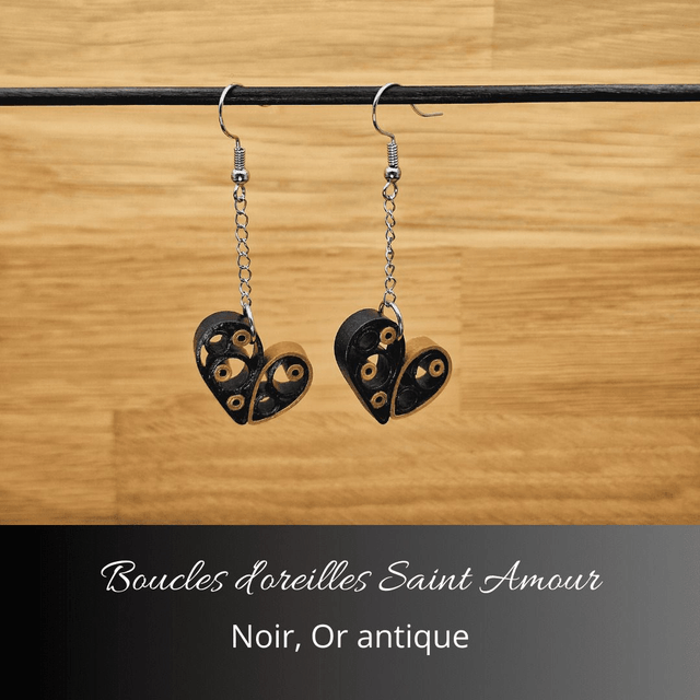 Boucles d'oreilles Saint Amour - Noir, or antique