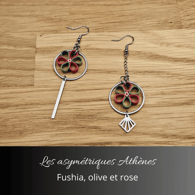 Boucles d'oreilles asymétriques Athènes - Fushia olive et rose