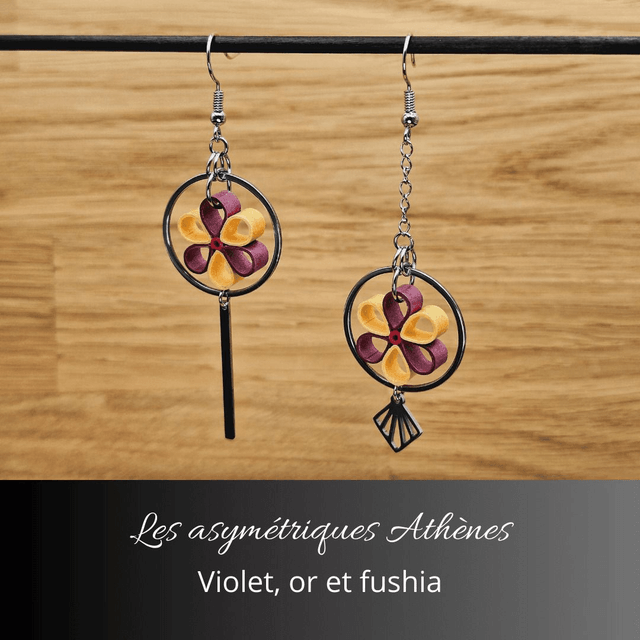 Boucles d'oreilles asymétriques Athènes - Violet or et fushia