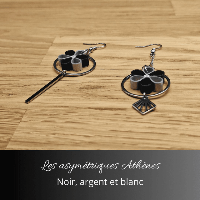Boucles d'oreilles asymétriques Athènes - Noir argent et blanc