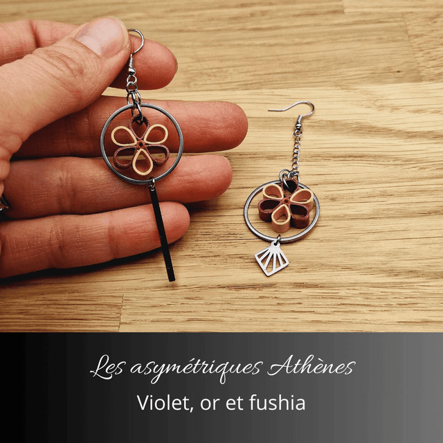 Boucles d'oreilles asymétriques Athènes - Violet or et fushia