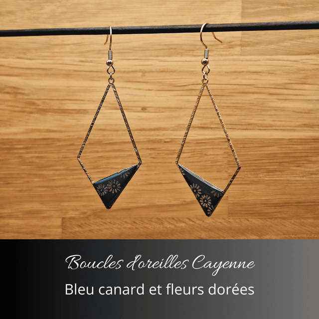 Boucles d'oreilles Cayenne - Bleu canard, fleurs dorées