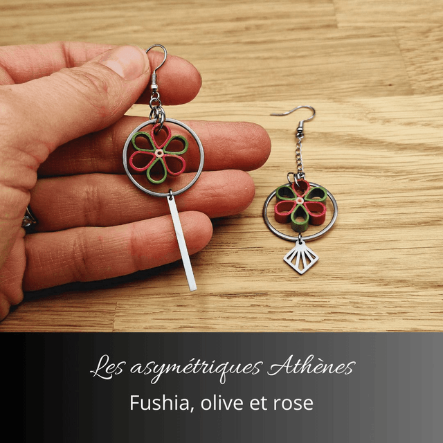 Boucles d'oreilles asymétriques Athènes - Fushia olive et rose