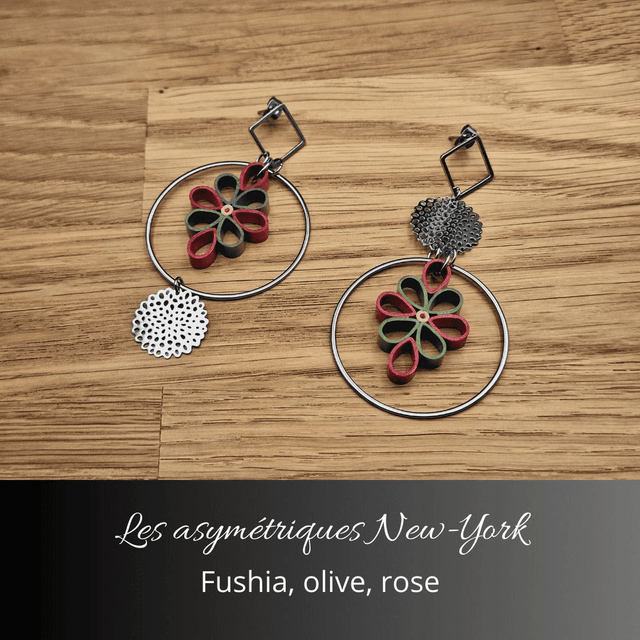 Boucles d'oreilles asymétriques New York - Fushia olive et rose