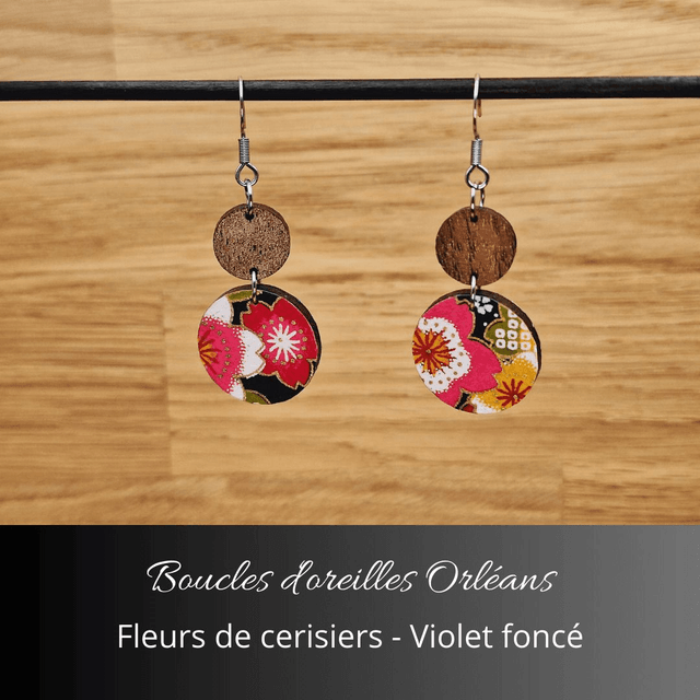 Boucles d'oreilles Orléans - Violet foncé et fleurs de cerisiers