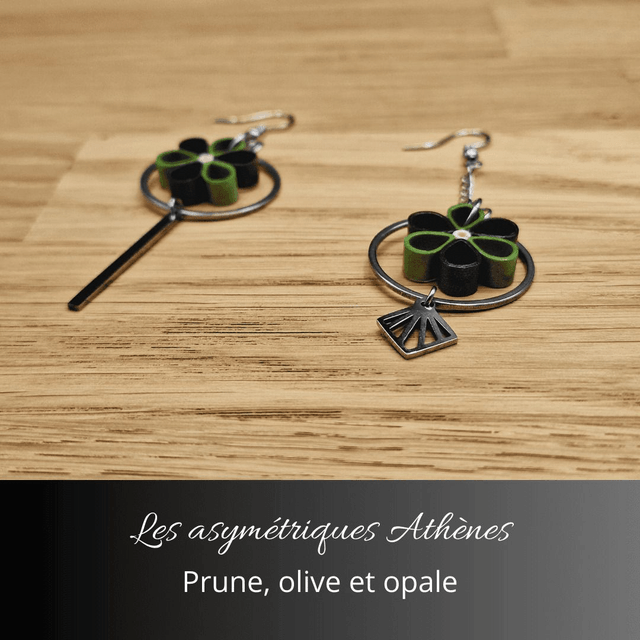 Boucles d'oreilles asymétriques Athènes - Prune olive et opale