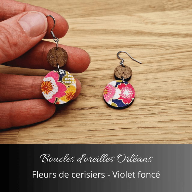 Boucles d'oreilles Orléans - Violet foncé et fleurs de cerisiers