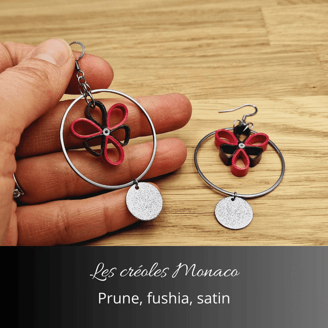 Boucles d'oreilles créoles Monaco - Prune, fushia, satin