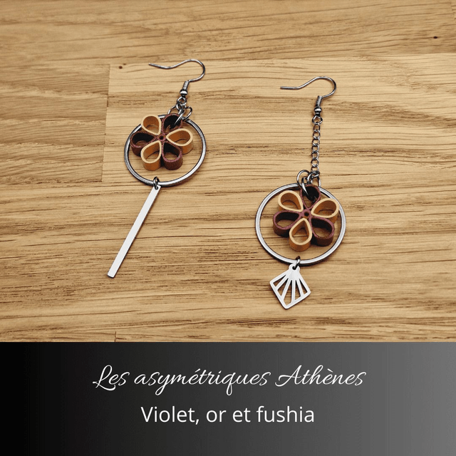 Boucles d'oreilles asymétriques Athènes - Violet or et fushia