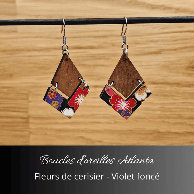 Boucles d'oreilles Atlanta - Violet foncé et fleurs de cerisiers