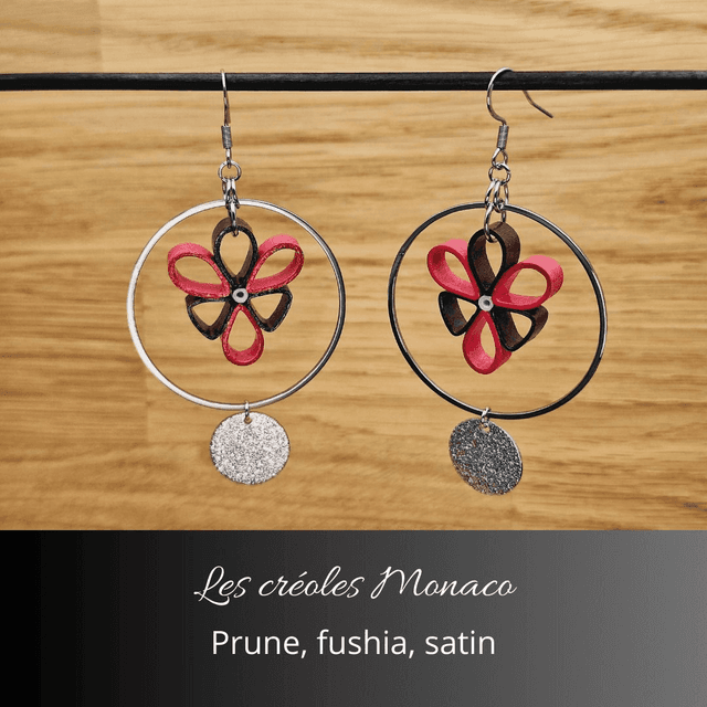 Boucles d&#039;oreilles créoles Monaco - Prune, fushia, satin