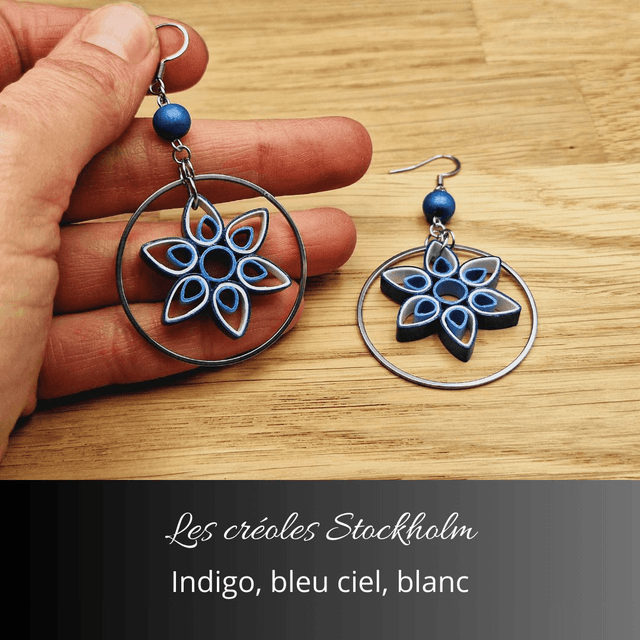 Boucles d&#039;oreilles créoles Stockholm - Indigo, bleu ciel, blanc