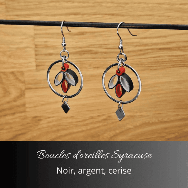 Boucles d&#039;oreilles Syracuse - Noir, argent, cerise